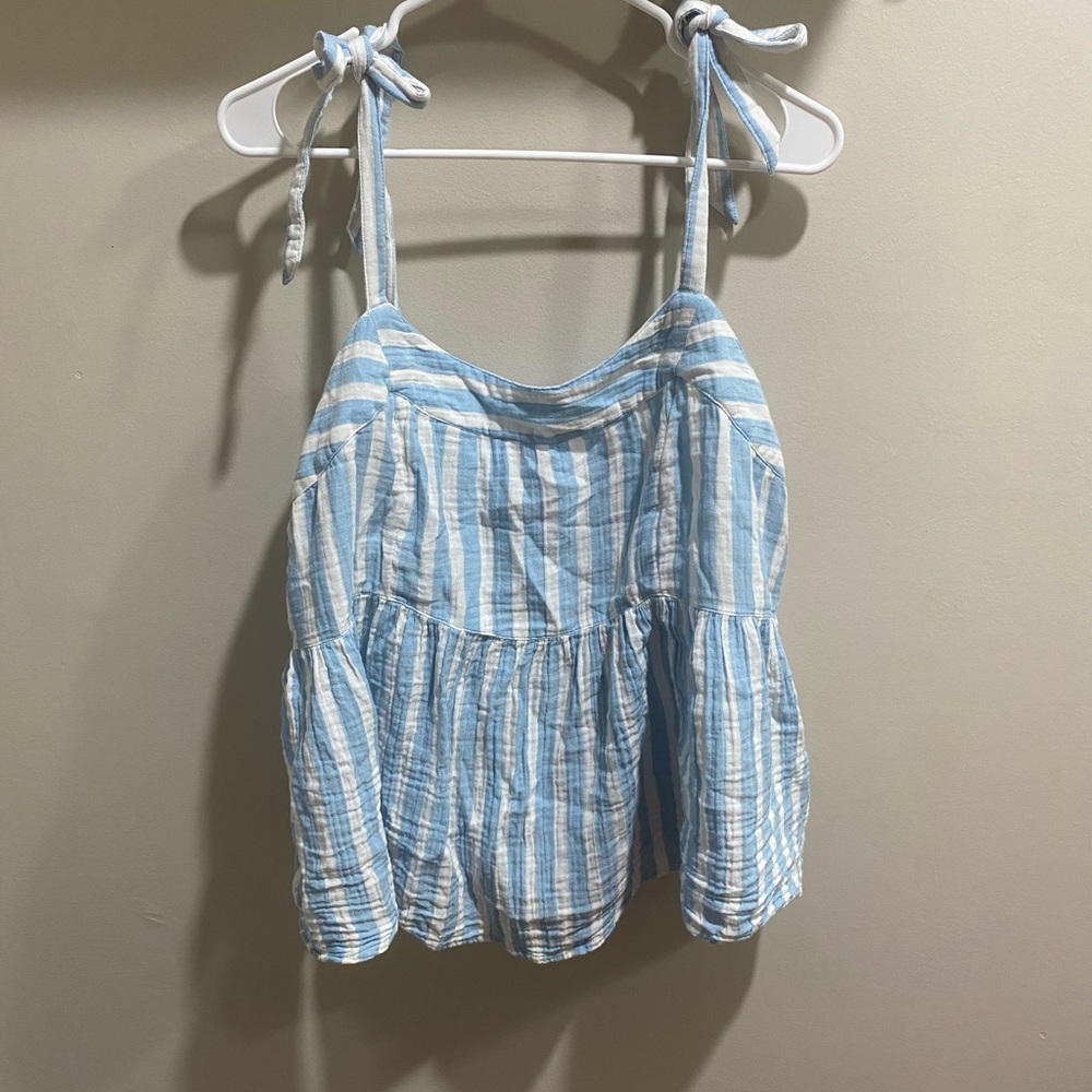 Blue and white stripe tie sleeve blouse